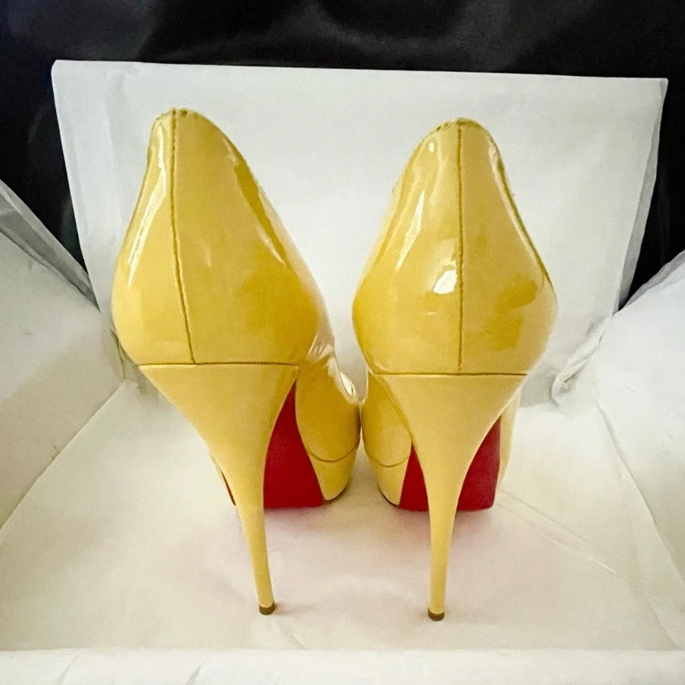 Christian Louboutin ladypeep 140 glossy patent leather yellow peeptoe pumps 38.5